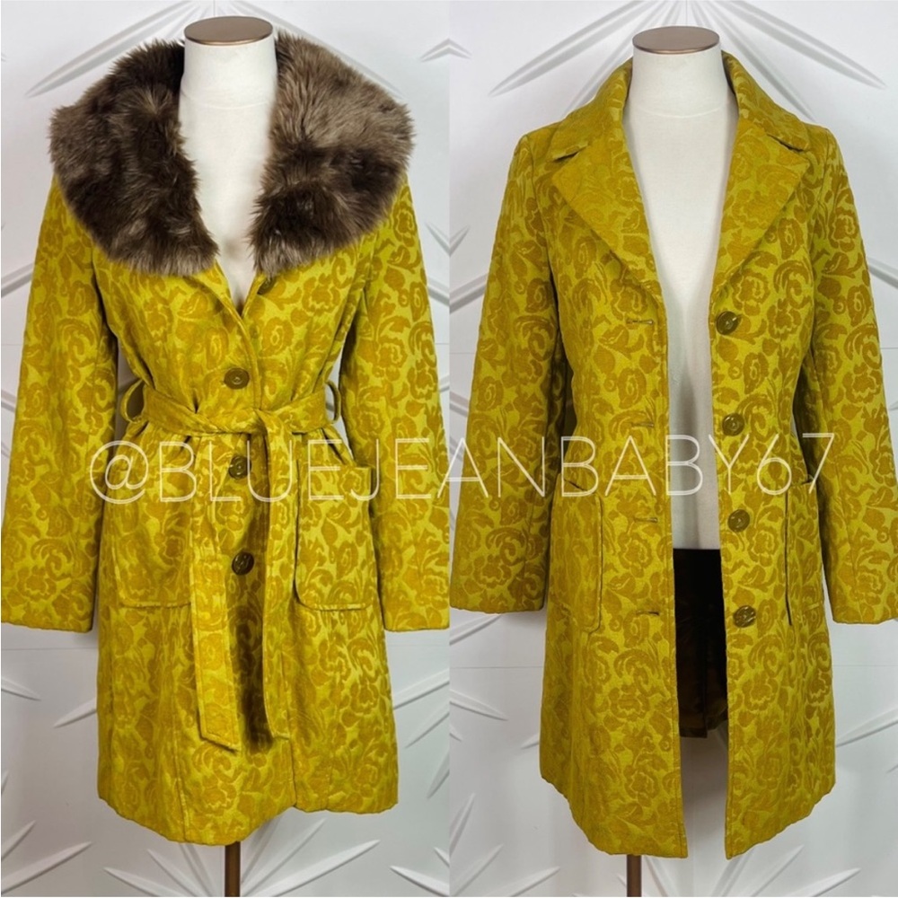 Penny Lane Coat With Removable Fur Collar In Mustard Gold.